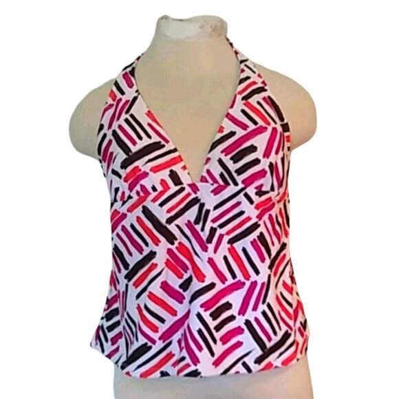 Faded Glory Halter Swim Tankini Top Large Size 12-14 Pink & Black Print - Picture 2 of 6